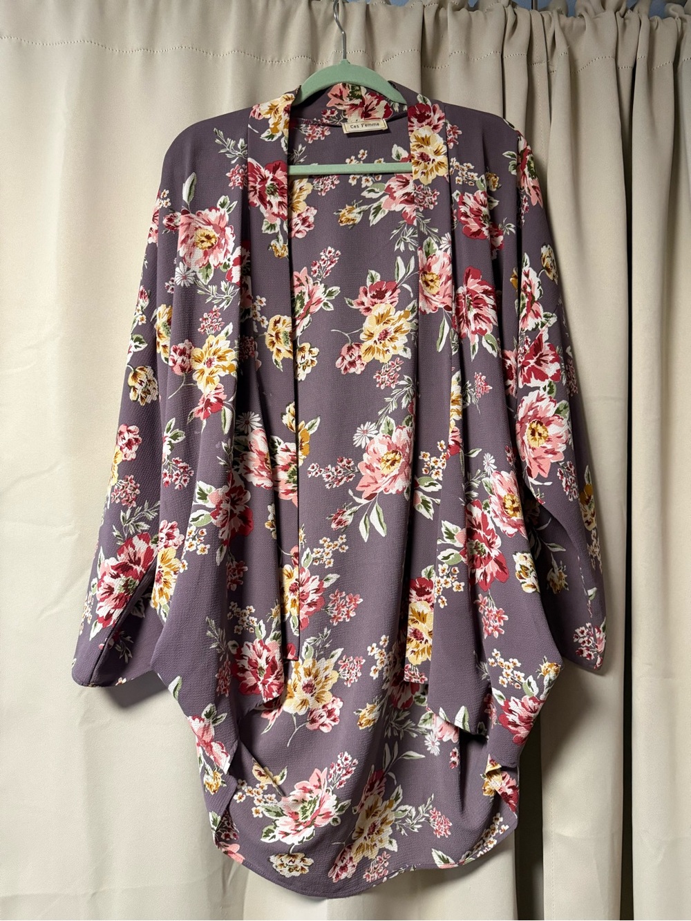 Ces Femme Purple Floral Drape Kimono with Pink & Yellow Blooms